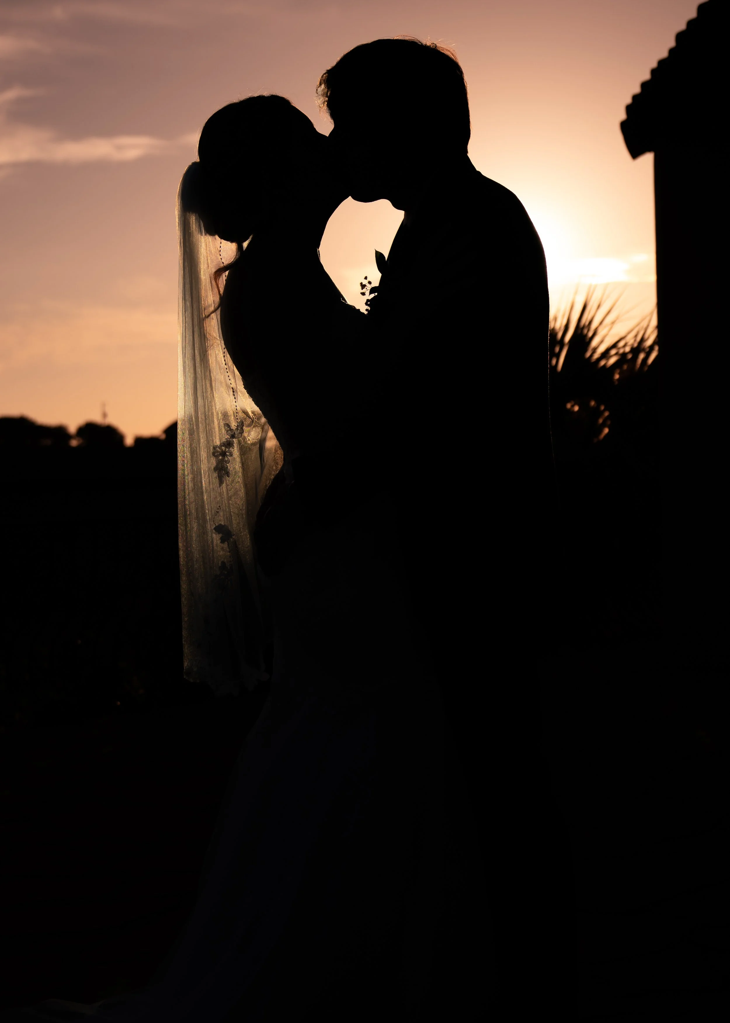A couple silhouetted while kissing at sunset